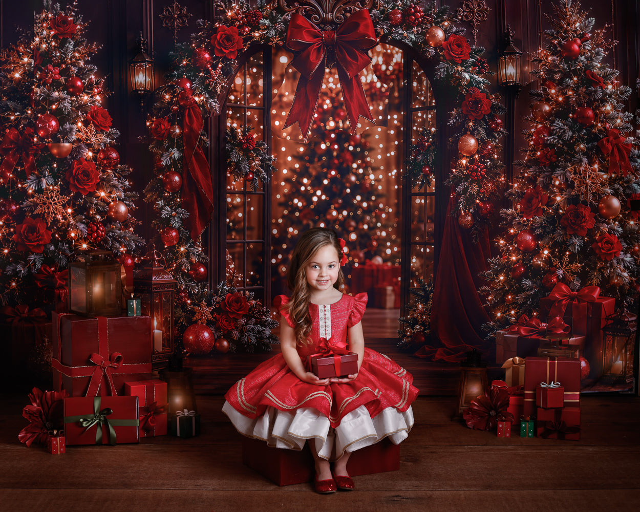Christmas Mini Session Pertrh Studio.A young girl in a red and white holiday dress sits on a red gift box in the center of a decorated Christmas scene with two large trees, wrapped presents, lanterns, and warm string lights.